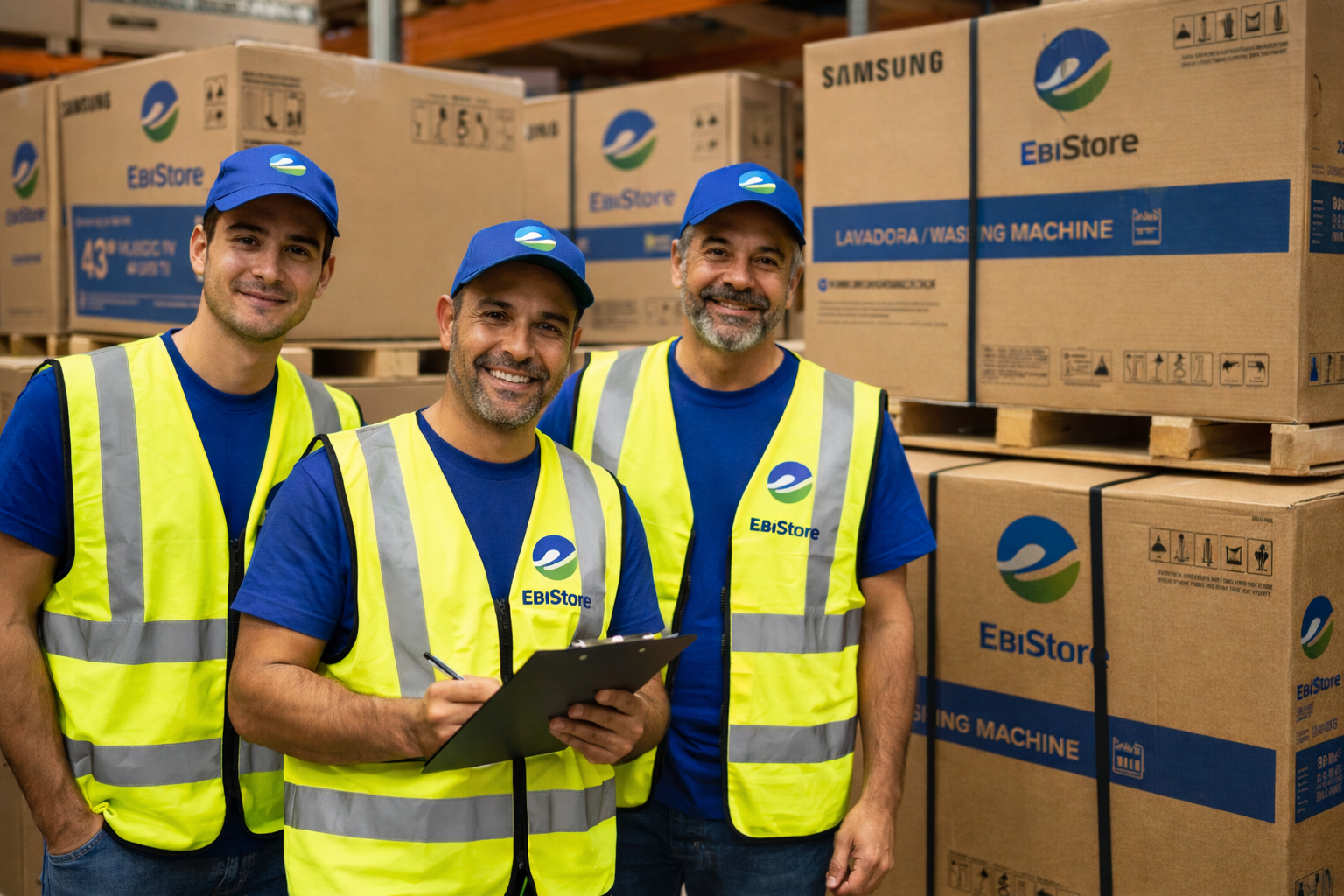 Equipo y almacén de EbiStore preparando pedidos